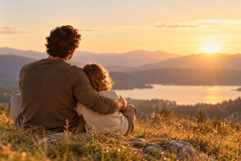 Erwachsener sitzt mit einem Kind im Arm und blickt gemeinsam mit ihm auf einen See und die Berge im warmen Abendlicht – als Symbol für die Verbindung mit dem inneren Kind.