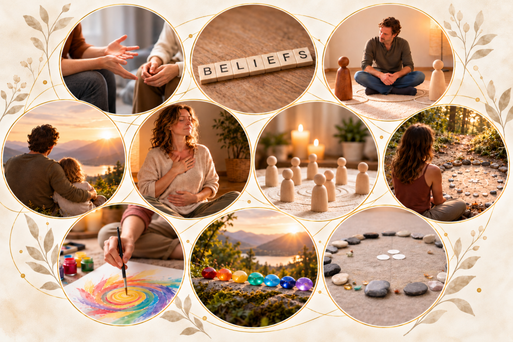 Collage der zehn Methoden des systemisch-spirituellen Coachings: Aktives Zuhören & Spiegeln, Voice Dialogue, Arbeit mit Glaubenssätzen, Inneres Kind, Körperorientiertes Arbeiten, Systemische Aufstellungsarbeit, Arbeit mit dem inneren & äußeren System, Kreativer Ausdruck, Natur als Erfahrungsraum und Arbeit mit den Chakren.